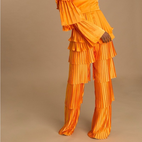 Andrea Iyamah Pants - Andrea Iyamah Vibrant Orange Tami Pleated Tiered Wide Leg Pants Size Medium